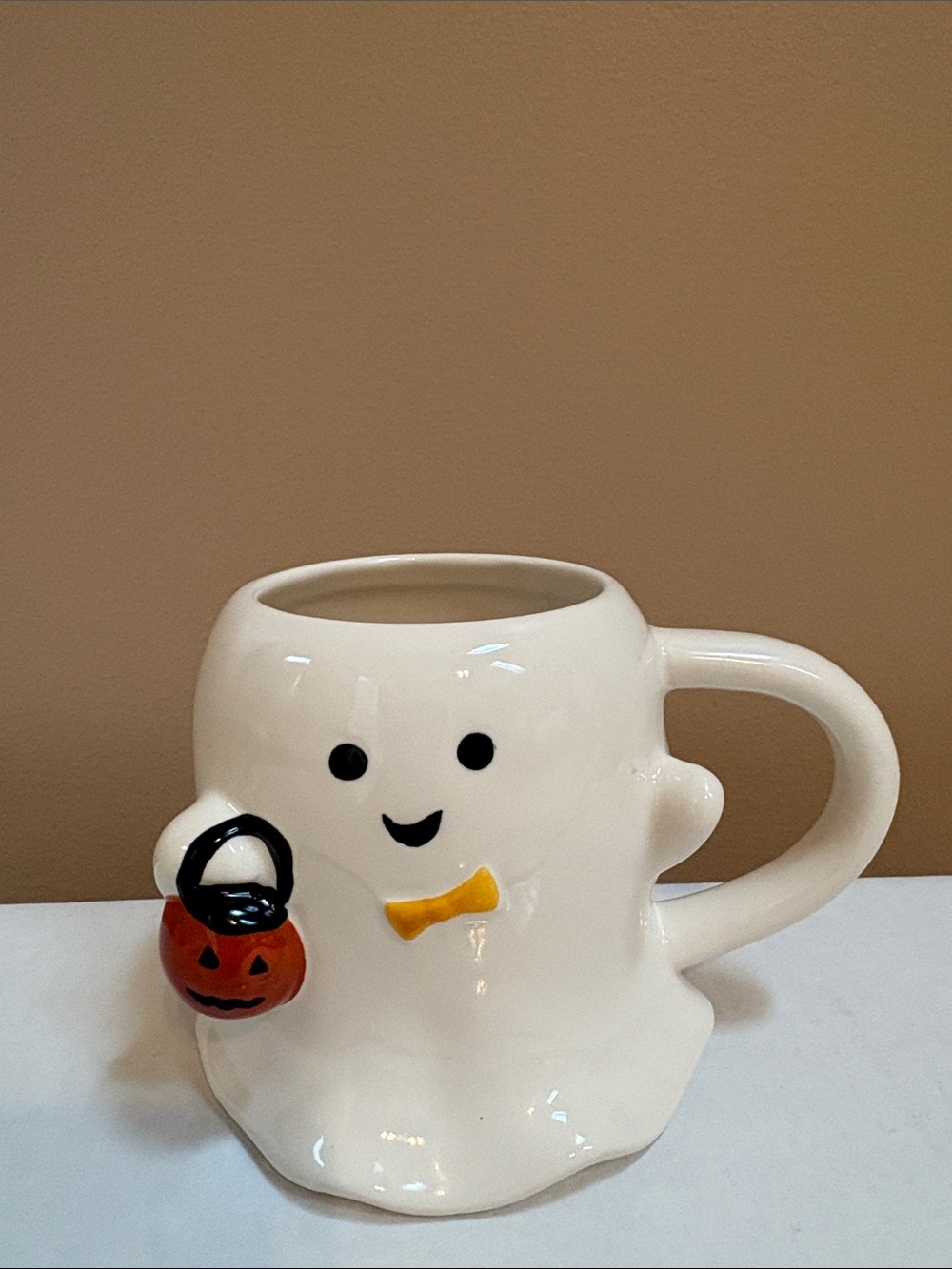 White Ghost Halloween Ceramic Mug with Pumpkin Accent